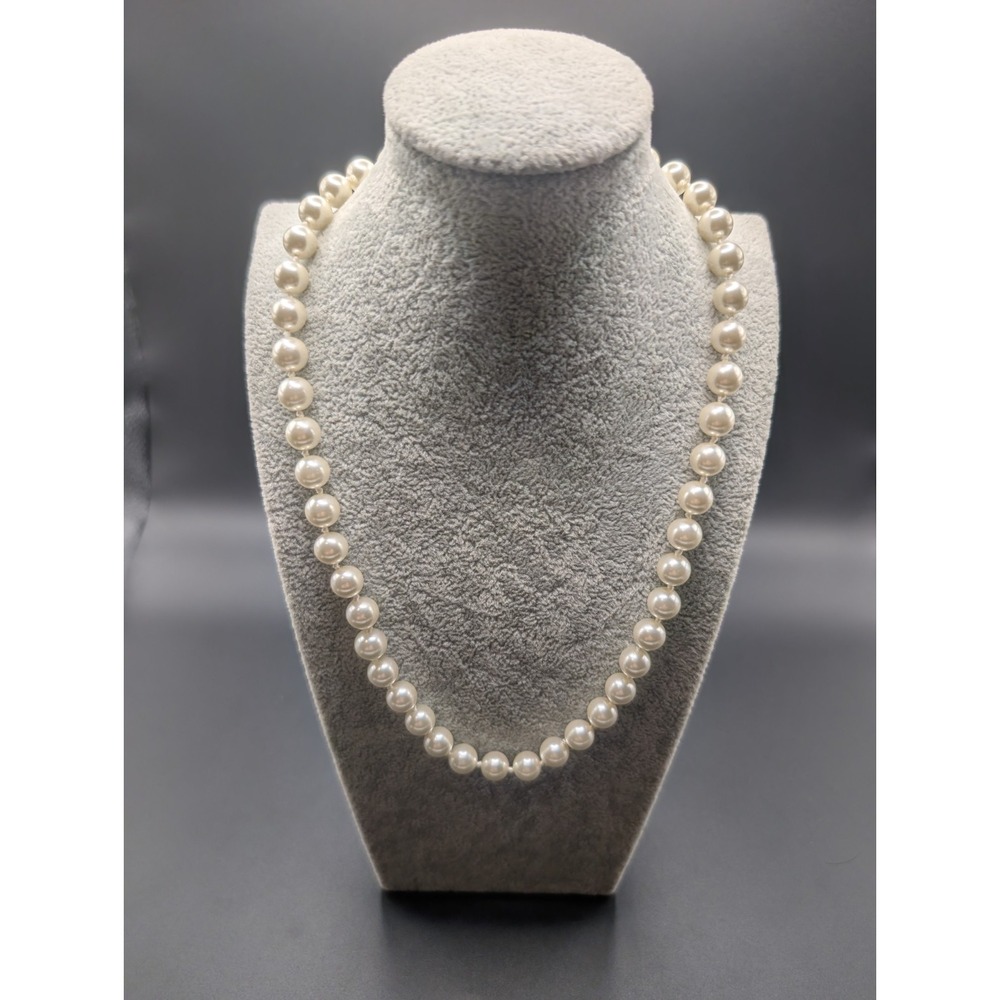 Vintage Glass Faux Pearl Necklace Knotted Spacer 16 inch Fish Hook Clasp